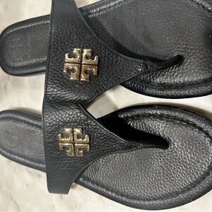 Tory Burch Black Leather Thong Sandals with Gold Logo